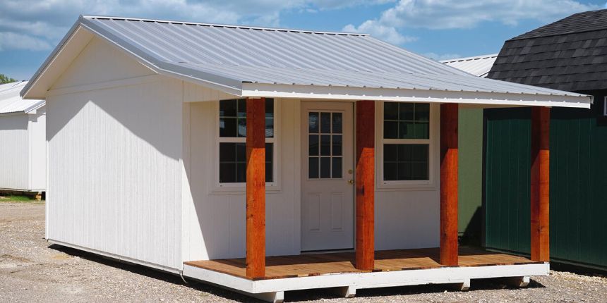 white cottage shed cedar pillars