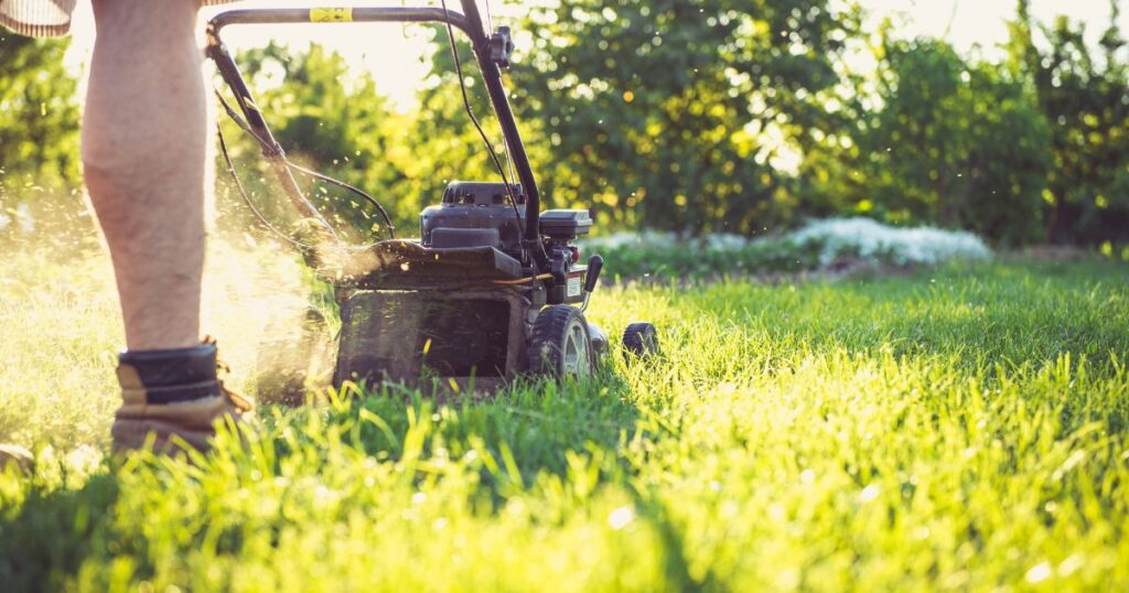 Effortlessly Store Your Lawn Equipment: Man Cutting Grass with Lawn Mower