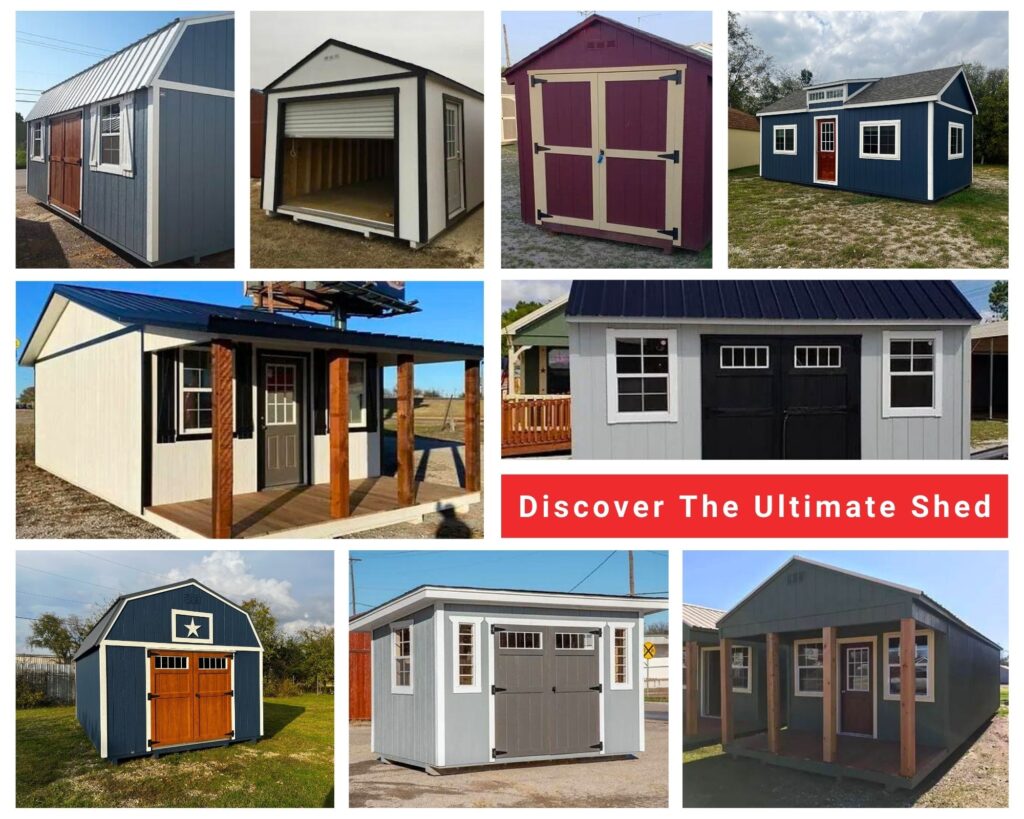 Discover the ultimate shed: collage of sheds in different colors, shapes, and sizes