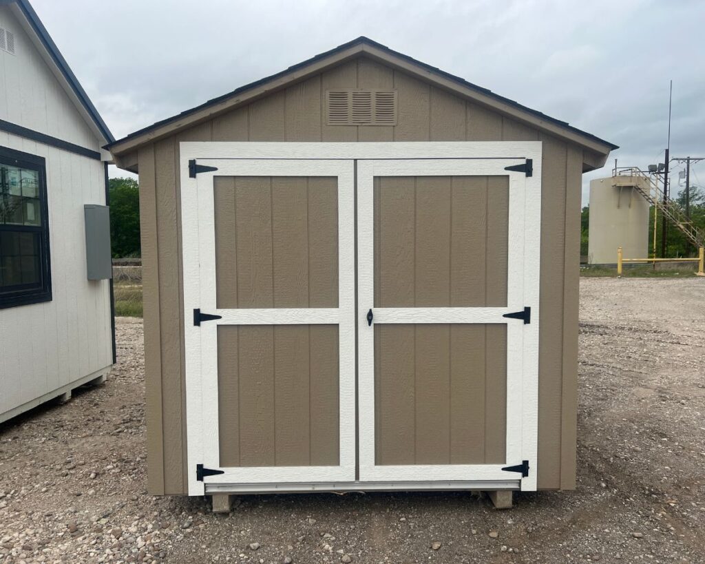 Keep Your Outdoor Essentials Organized with Tan Utility Shed - Durable and Practical